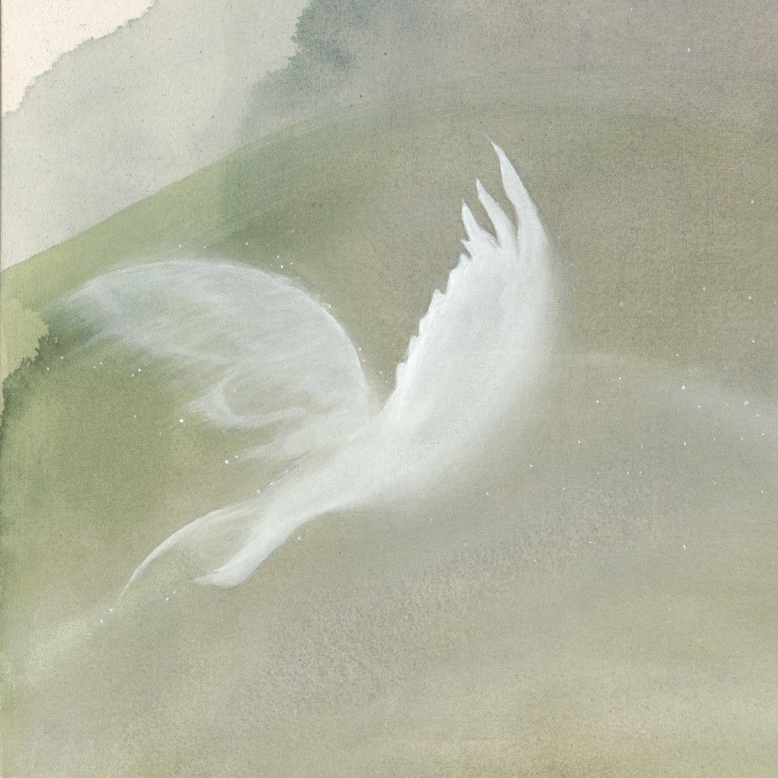 Detail of a white bird in flight, body and outstretched wings rendered in soft green and gray watercolor washes.