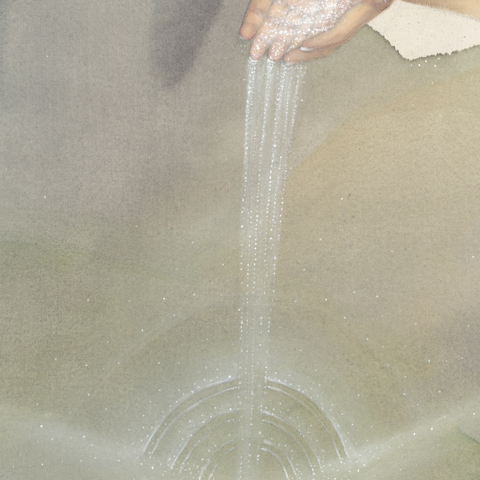 Detail of the full shimmering cascade falling from the hand into a vessel form below.