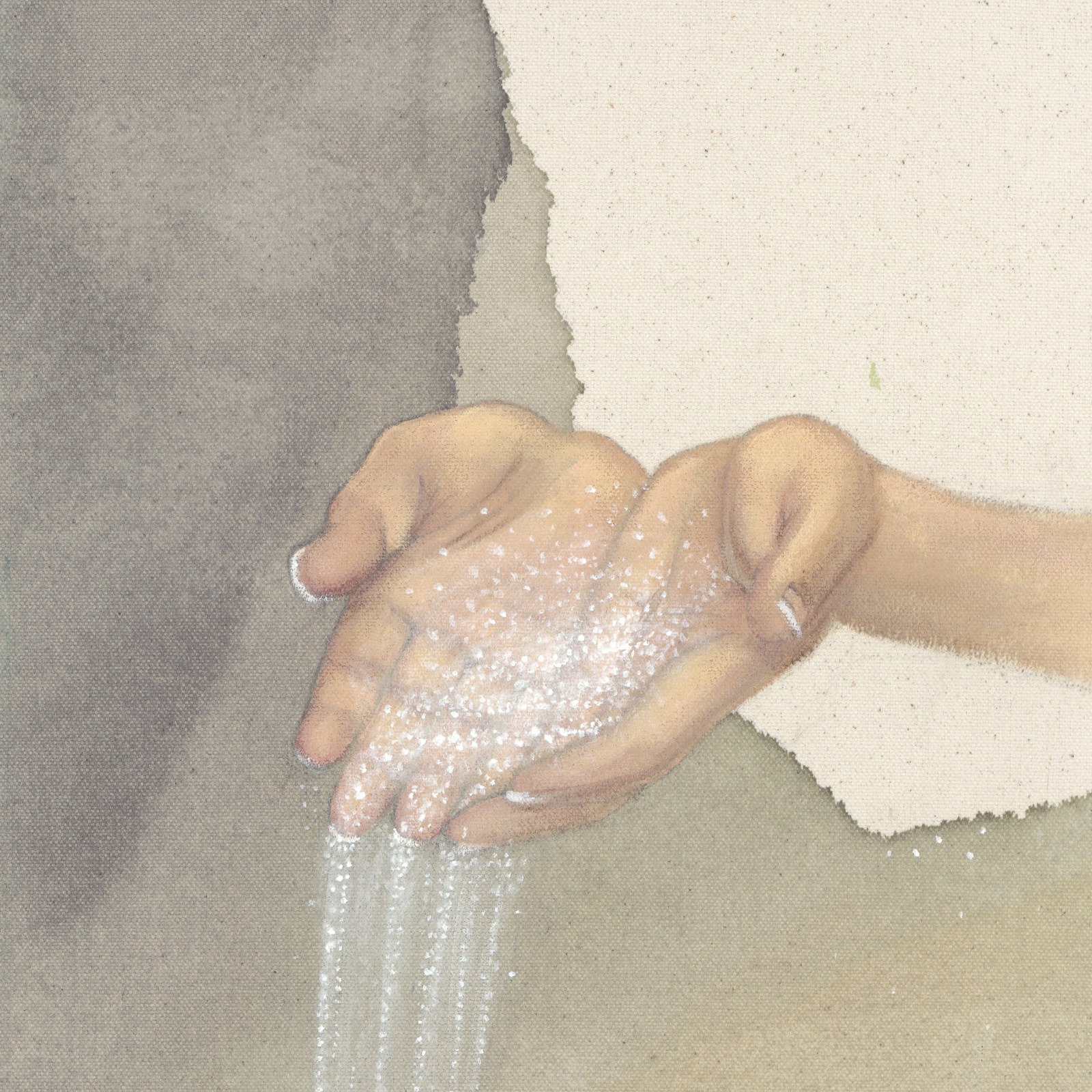 Detail of the hand pouring shimmering particles, with visible canvas texture and fine particle work.