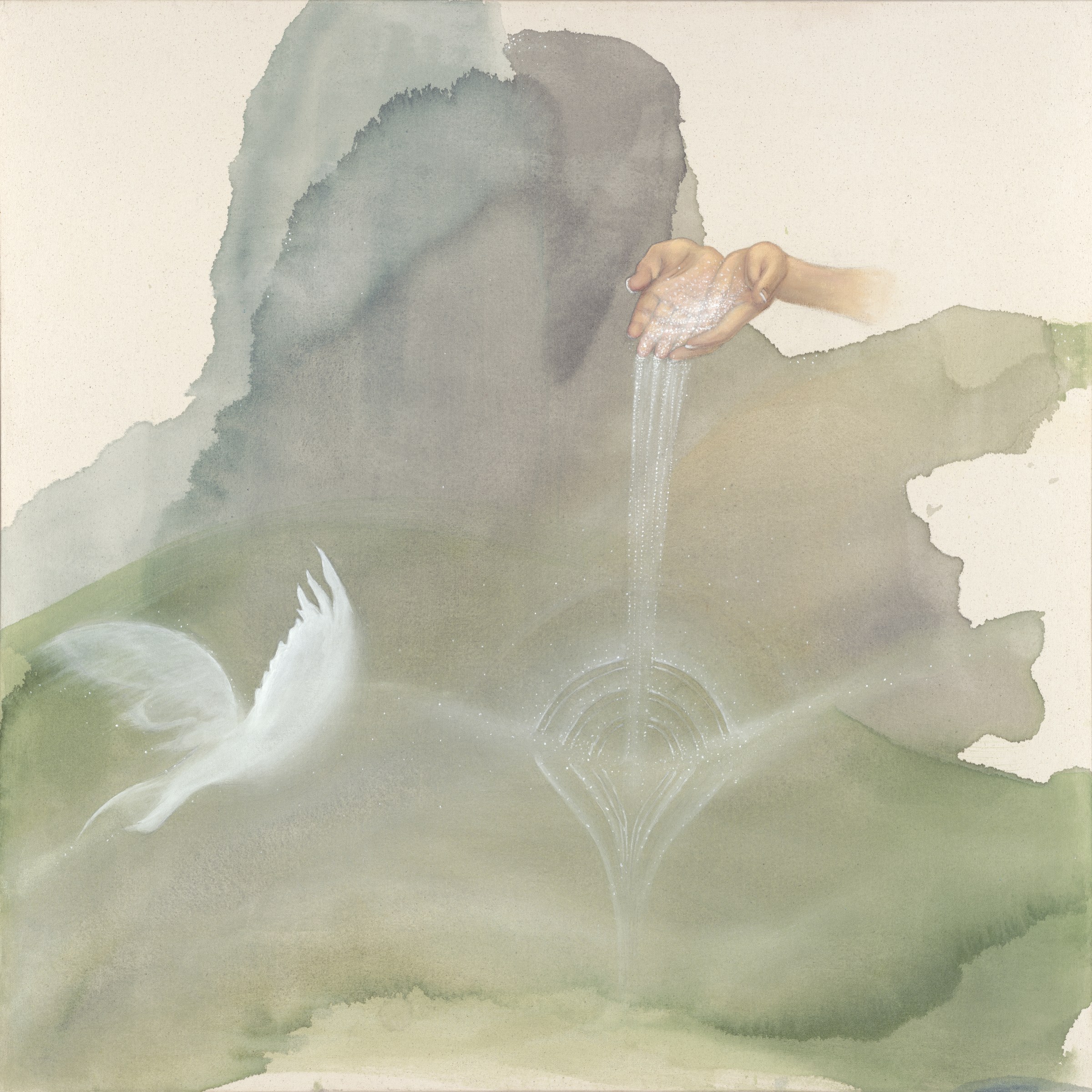 Interconnection, an acrylic painting on canvas by Jenelle Annette. A photorealistic hand pours shimmering particles down through a soft watercolor landscape of sage greens and grays, into a vessel form below. A white bird in flight glides across the green pool to the left.